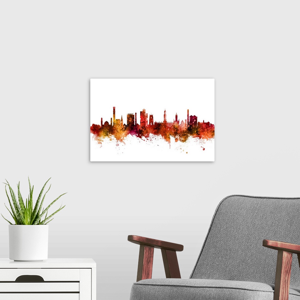 A modern room featuring Watercolor art print of the skyline of Bradford, England, United Kingdom.