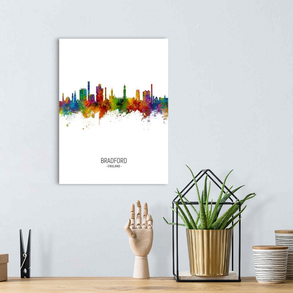A bohemian room featuring Watercolor art print of the skyline of Bradford, England, United Kingdom
