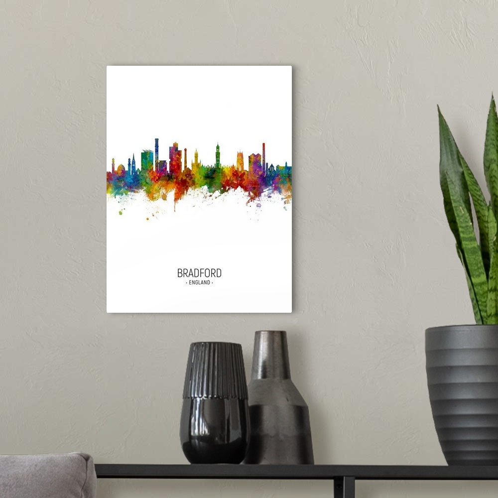 A modern room featuring Watercolor art print of the skyline of Bradford, England, United Kingdom