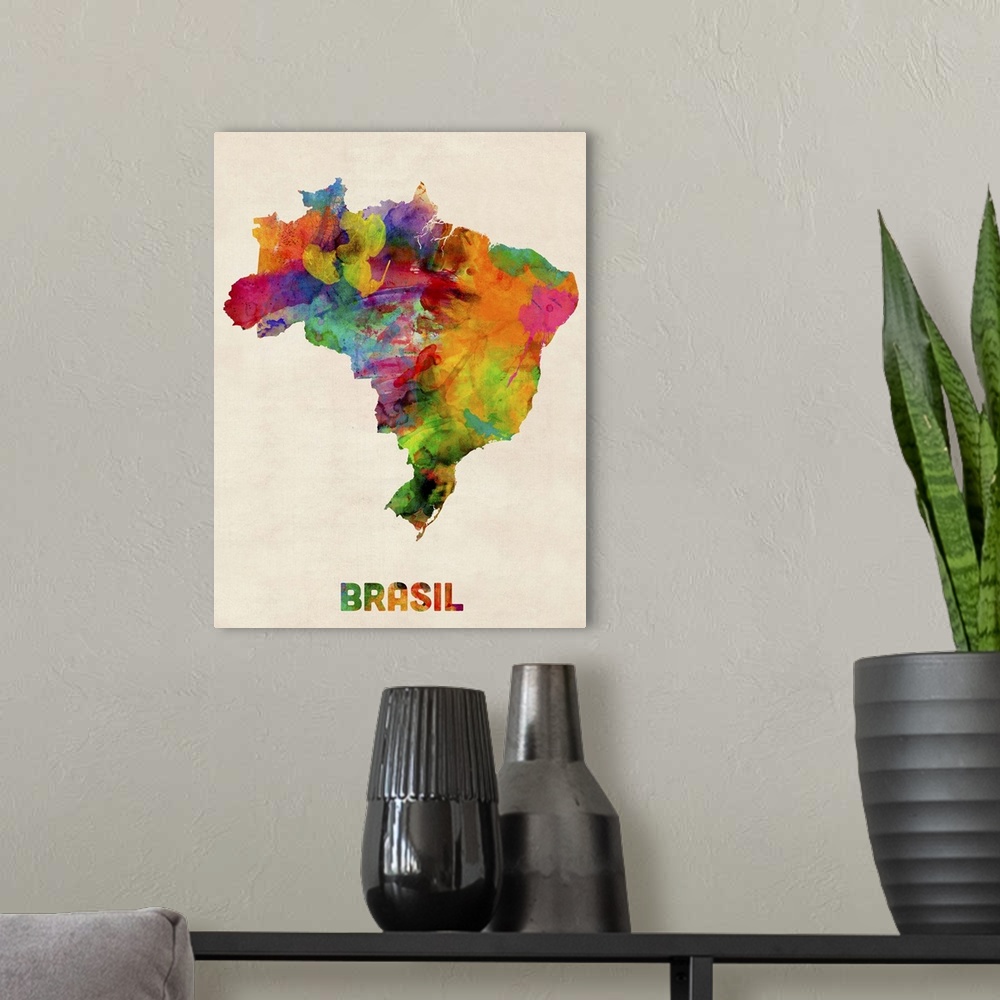 A modern room featuring Brazil Watercolor Map