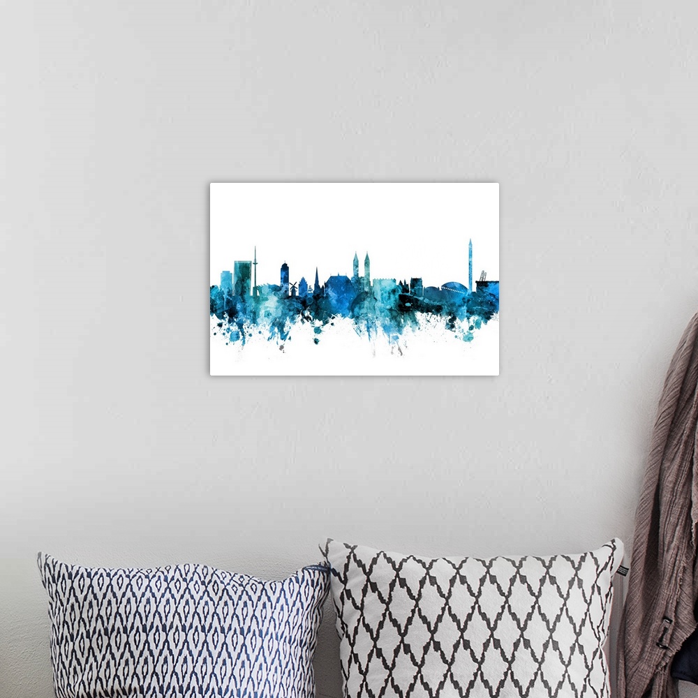 A bohemian room featuring Watercolor art print of the skyline of Bremen, Germany.