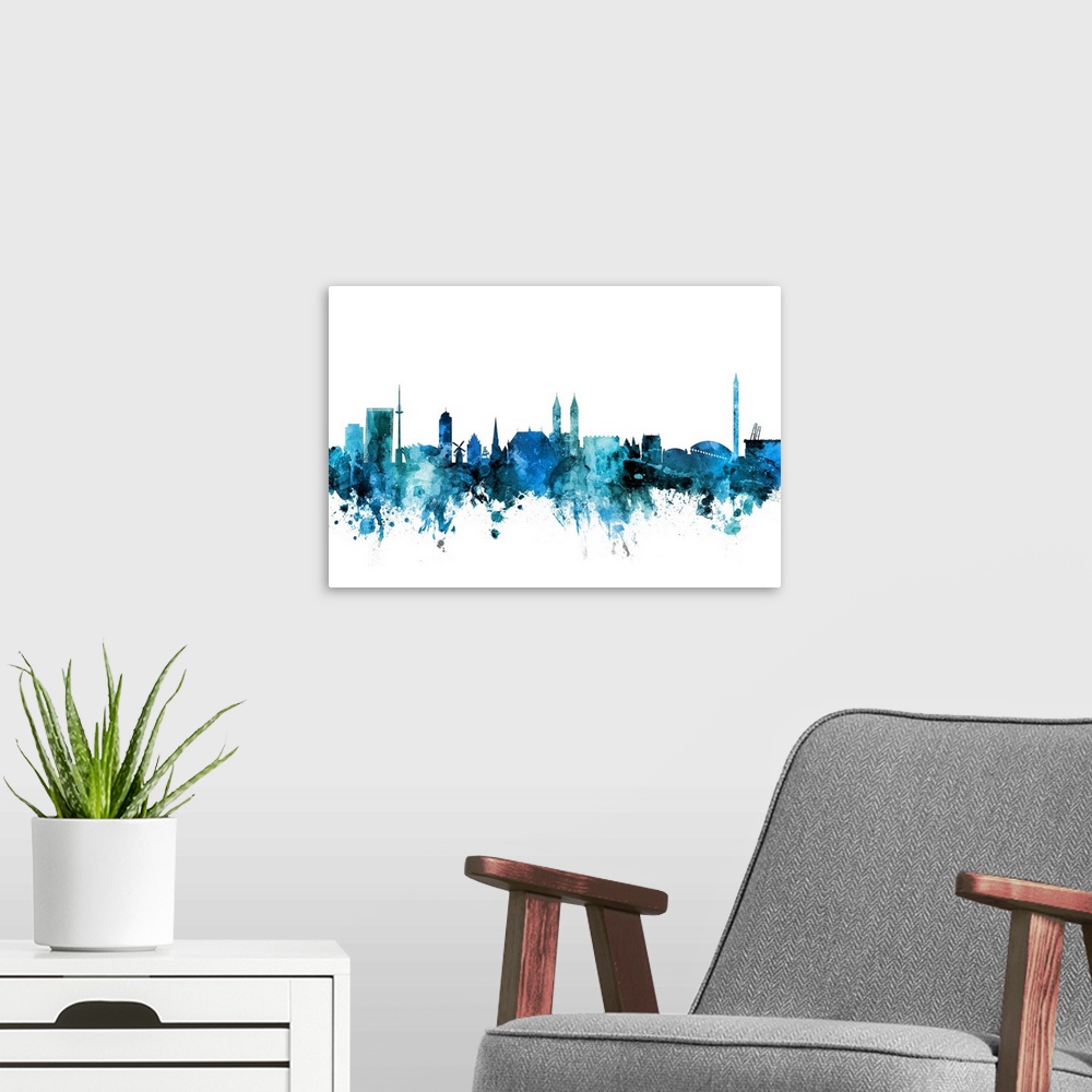 A modern room featuring Watercolor art print of the skyline of Bremen, Germany.