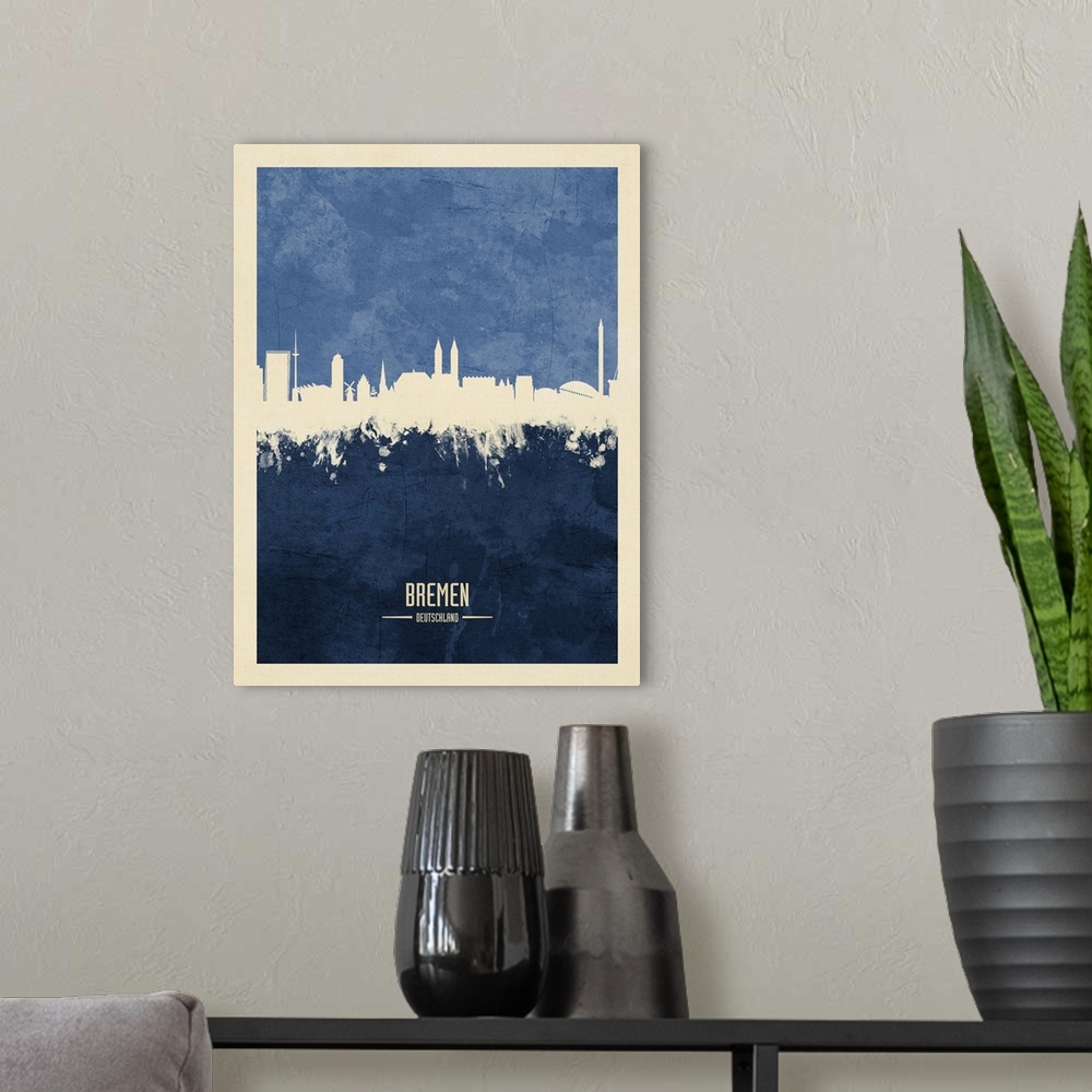 A modern room featuring Watercolor art print of the skyline of Bremen, Germany