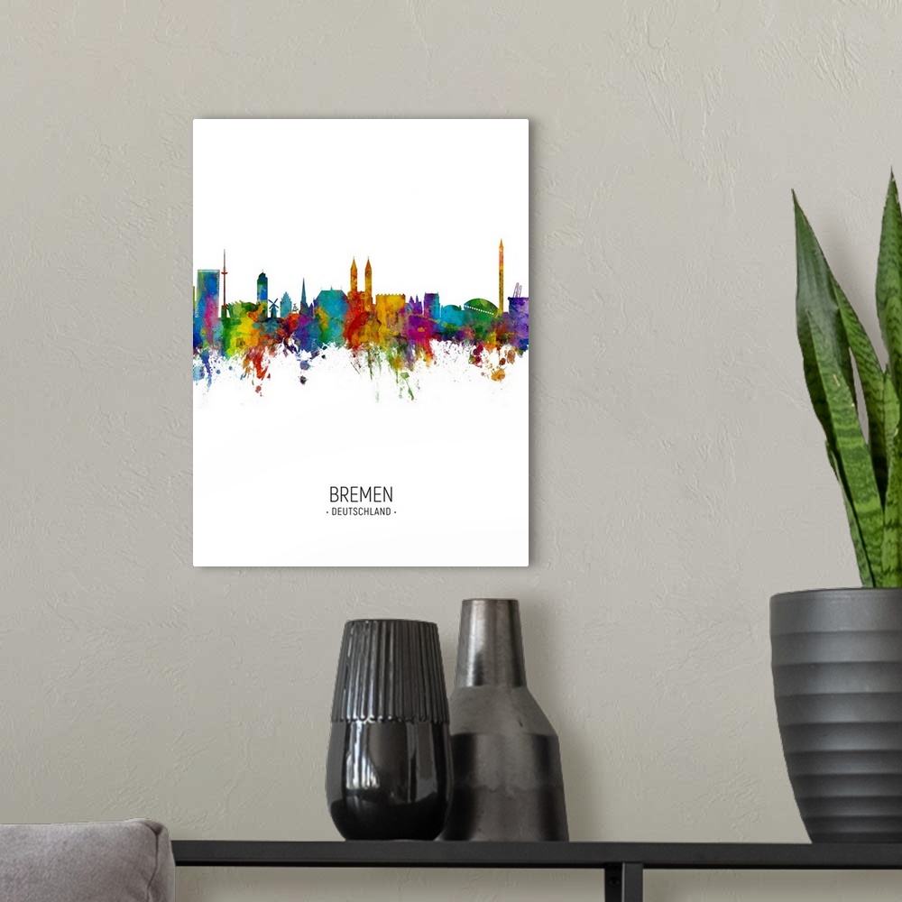 A modern room featuring Watercolor art print of the skyline of Bremen, Germany