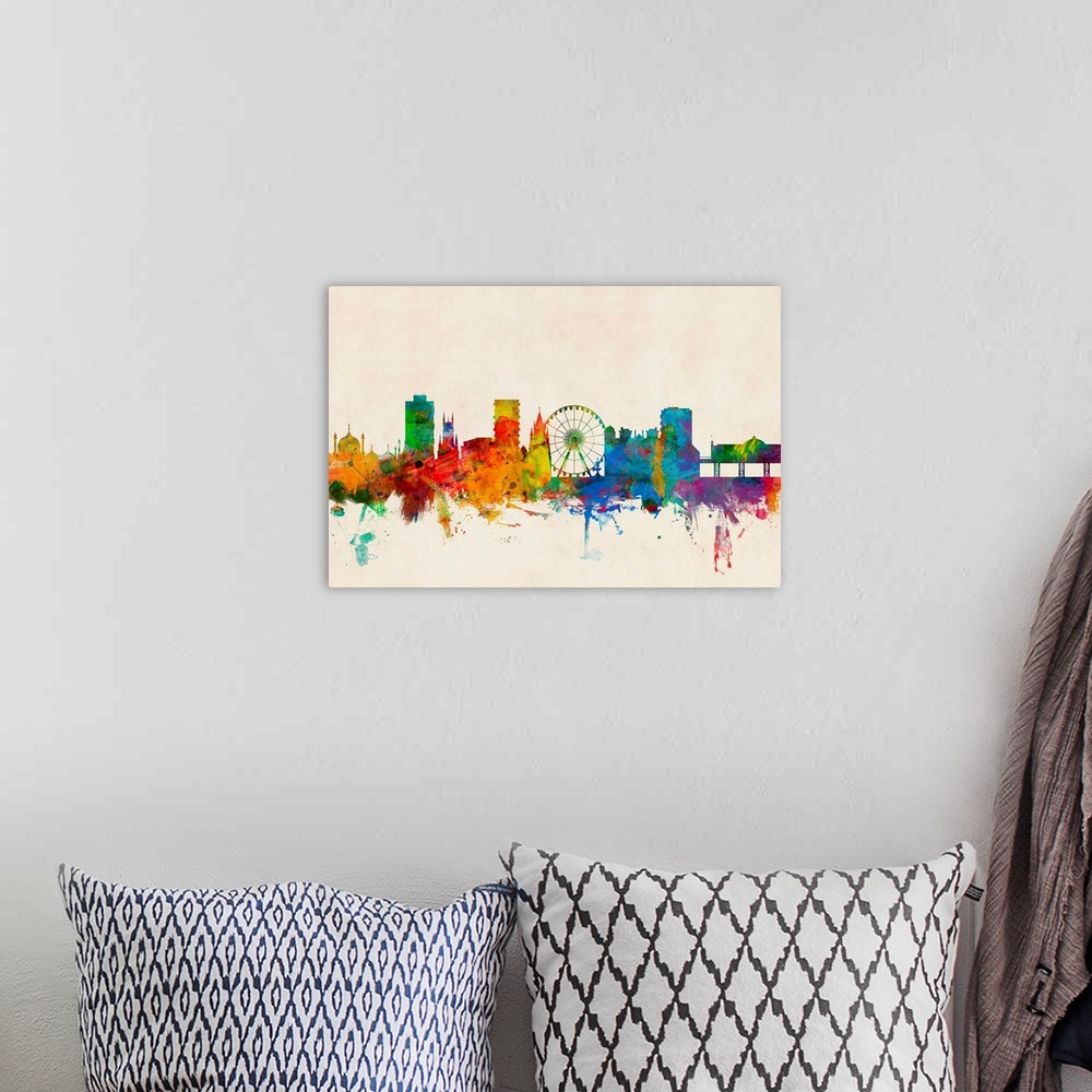 A bohemian room featuring Contemporary piece of artwork of the Brighton skyline made of colorful paint splashes.