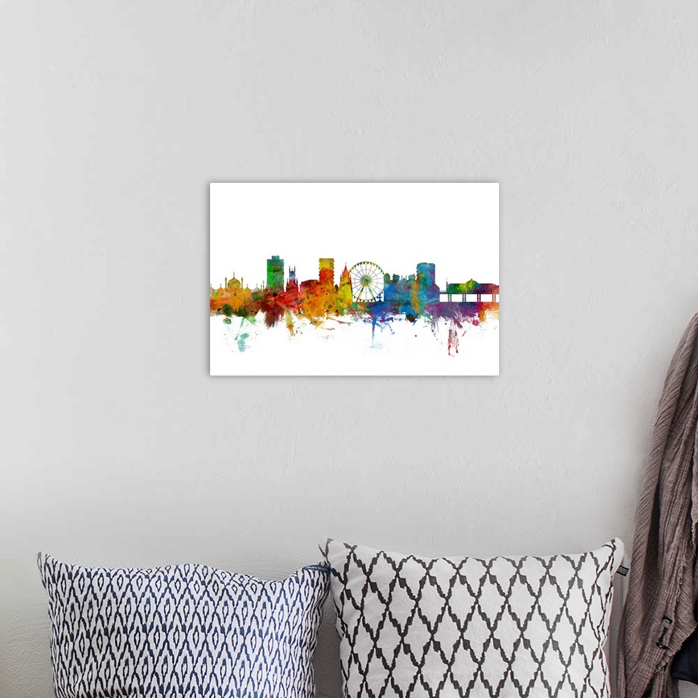 A bohemian room featuring Contemporary piece of artwork of the Brighton skyline made of colorful paint splashes.