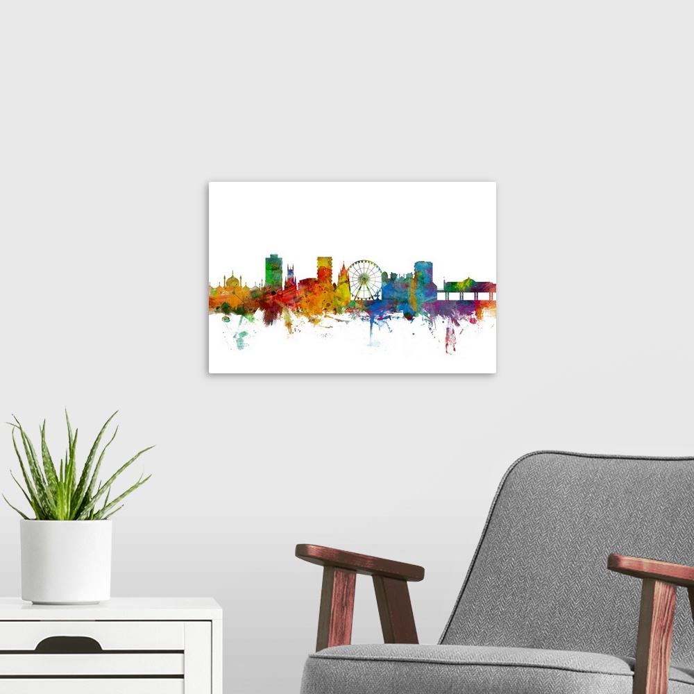 A modern room featuring Contemporary piece of artwork of the Brighton skyline made of colorful paint splashes.