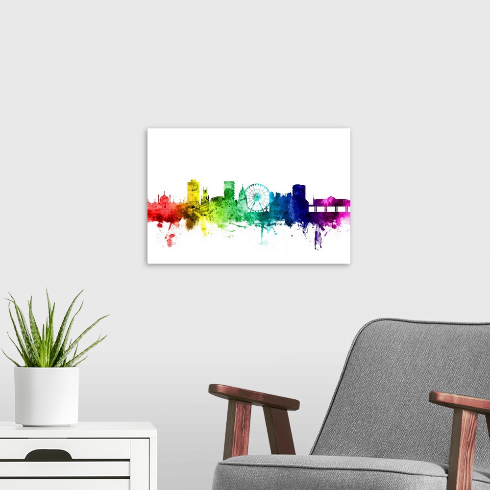 A modern room featuring Watercolor art print of the skyline of Brighton, England, United Kingdom.