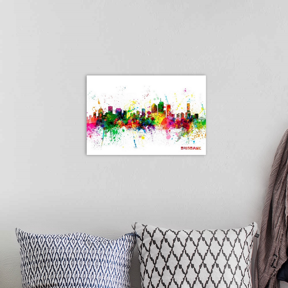 A bohemian room featuring Contemporary piece of artwork of the Brisbane skyline made of colorful paint splashes.