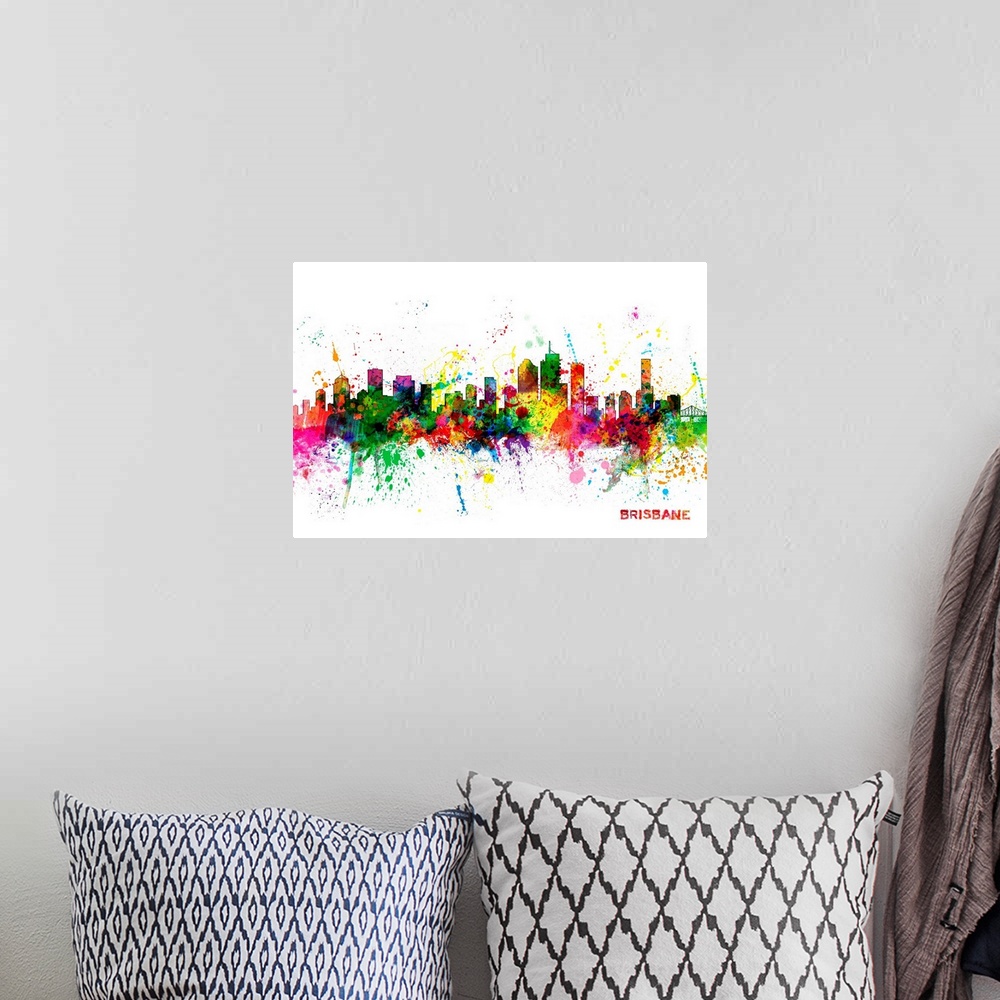 A bohemian room featuring Contemporary piece of artwork of the Brisbane skyline made of colorful paint splashes.