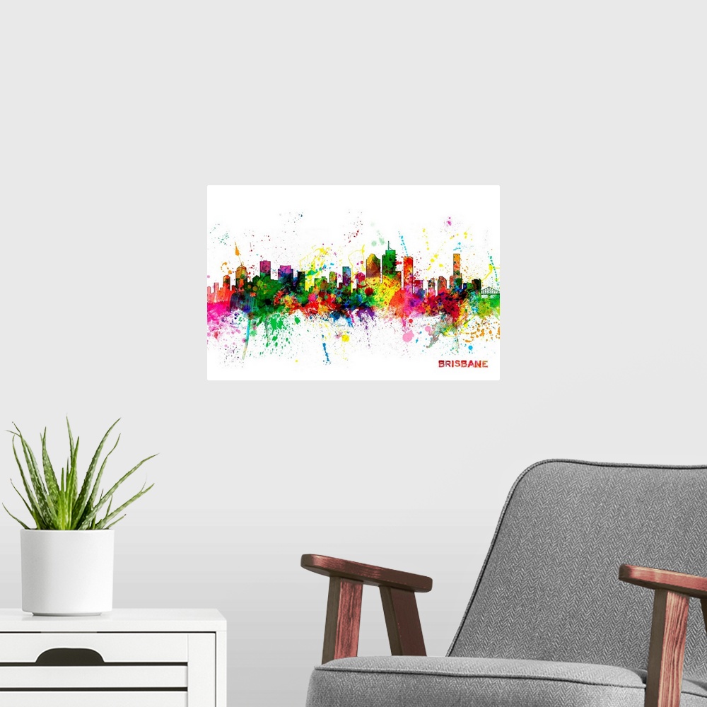 A modern room featuring Contemporary piece of artwork of the Brisbane skyline made of colorful paint splashes.