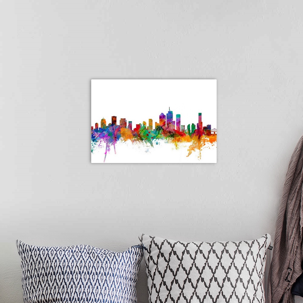 A bohemian room featuring Watercolor artwork of the Brisbane skyline against a white background.