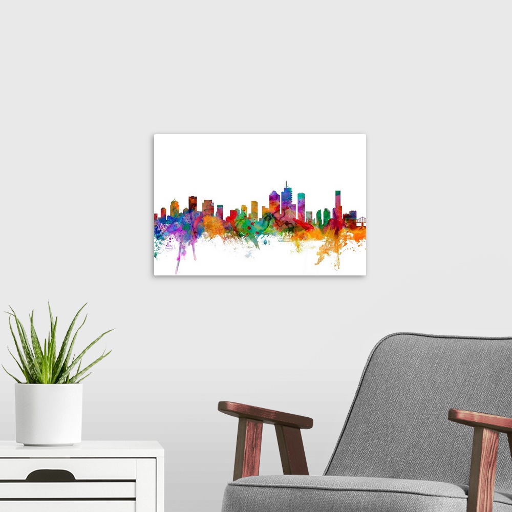 A modern room featuring Watercolor artwork of the Brisbane skyline against a white background.