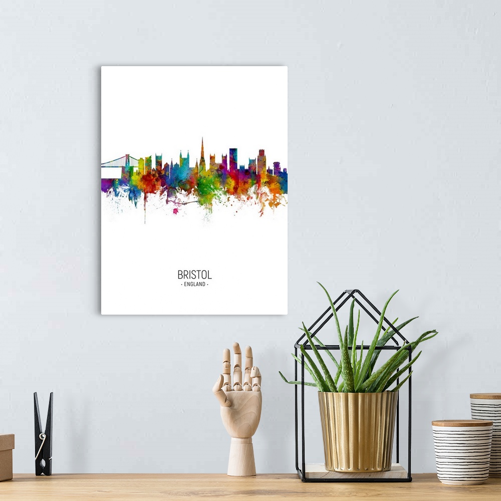 A bohemian room featuring Watercolor art print of the skyline of Bristol, England, United Kingdom
