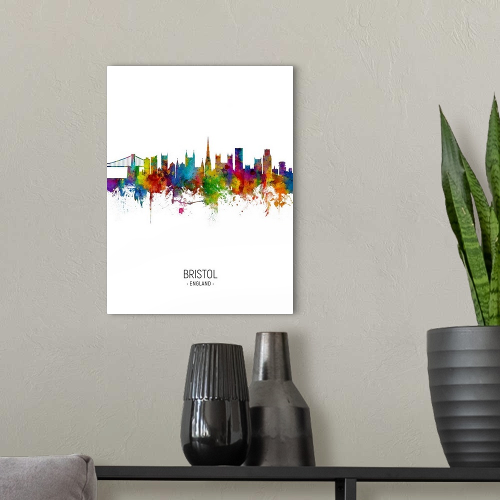 A modern room featuring Watercolor art print of the skyline of Bristol, England, United Kingdom