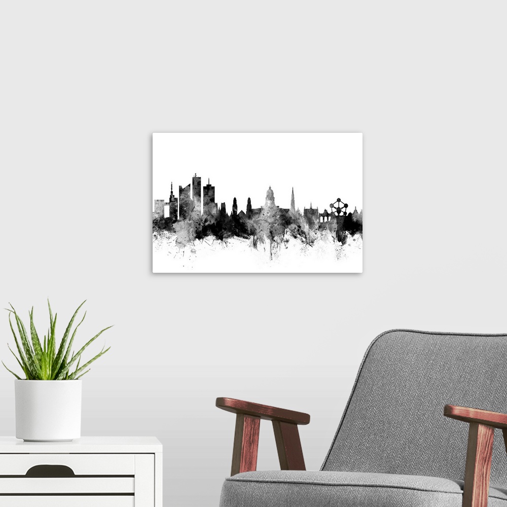 A modern room featuring Watercolor art print of the skyline of Brussels, Belgium