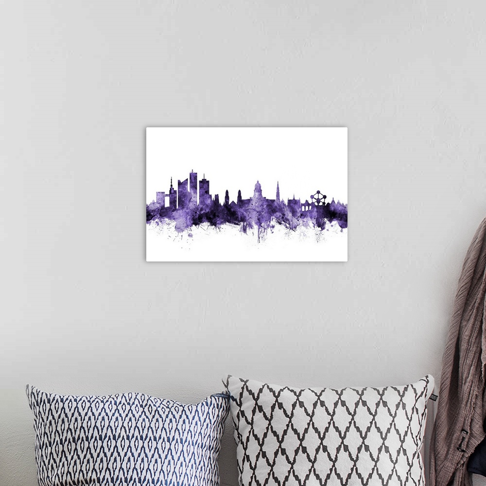 A bohemian room featuring Watercolor art print of the skyline of Brussels, Belgium