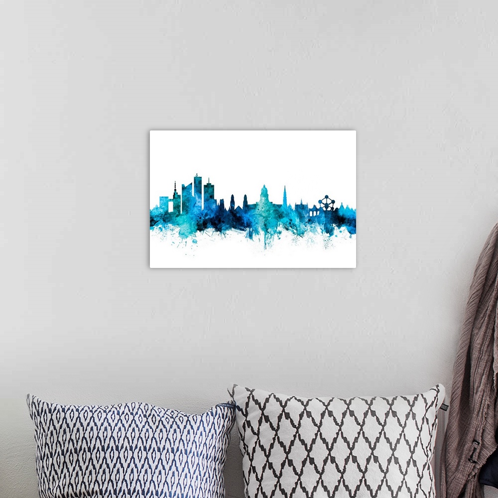 A bohemian room featuring Watercolor art print of the skyline of Brussels, Belgium.