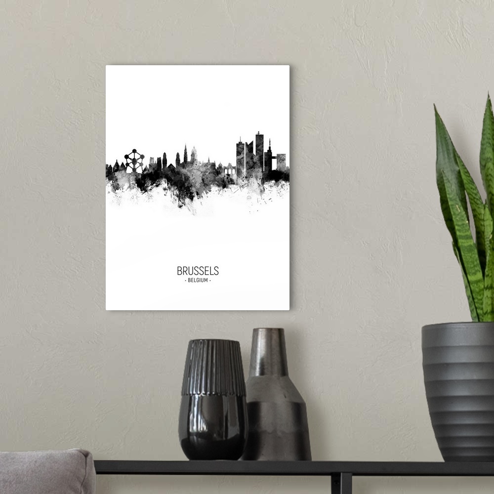 A modern room featuring Watercolor art print of the skyline of Brussels, Belgium