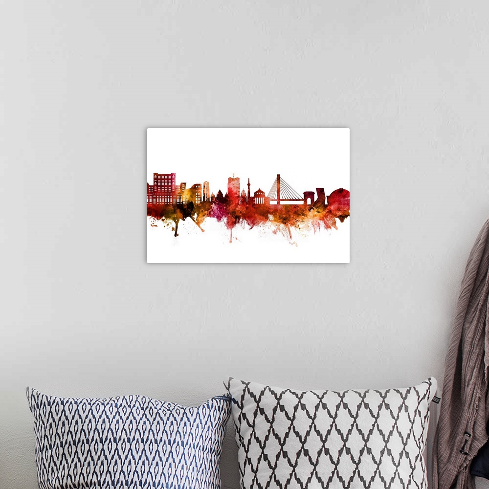 A bohemian room featuring Watercolor art print of the skyline of Bucharest, Romania.