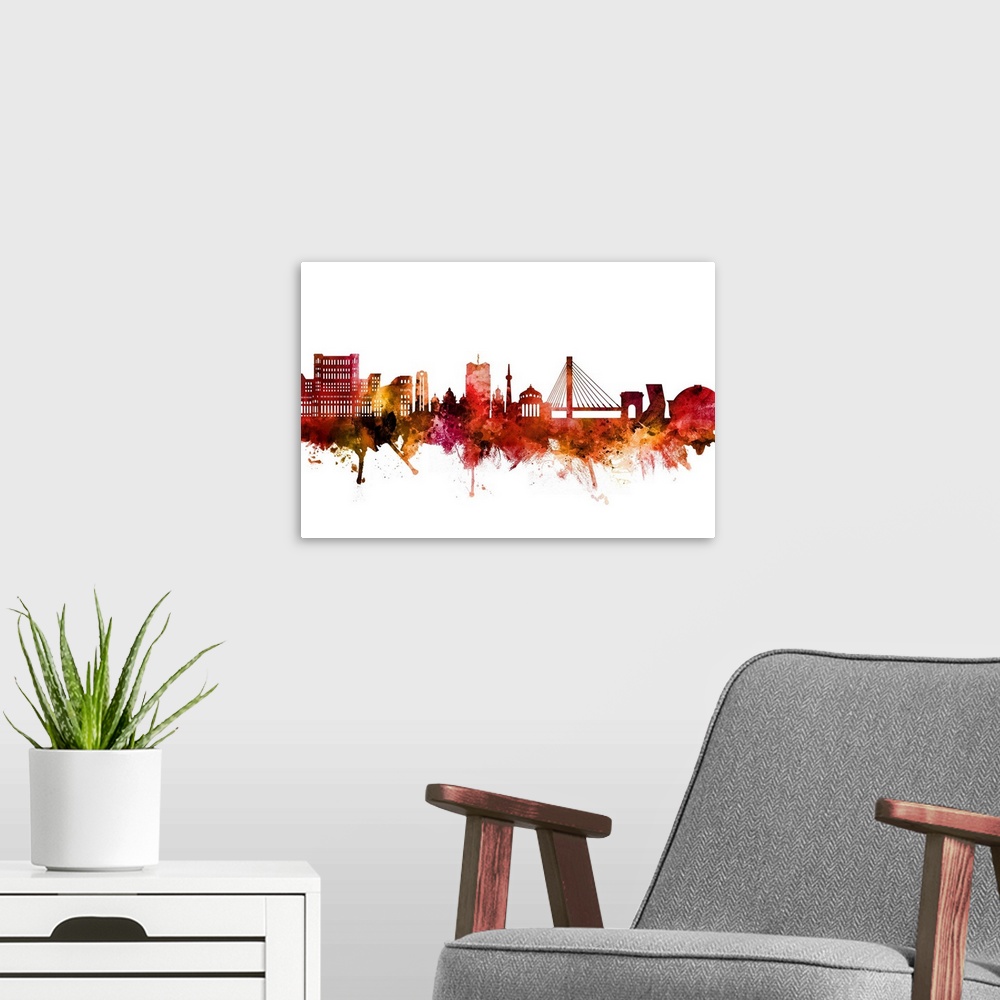 A modern room featuring Watercolor art print of the skyline of Bucharest, Romania.