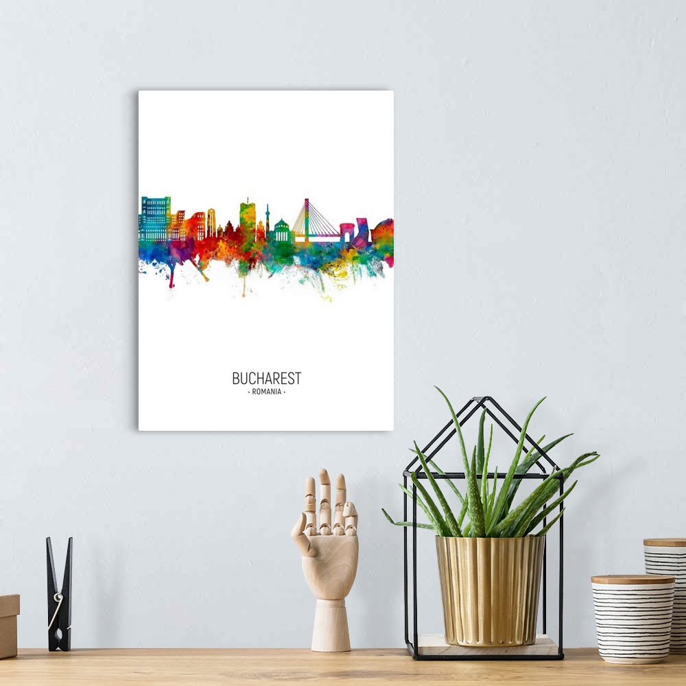 A bohemian room featuring Watercolor art print of the skyline of Bucharest, Romania