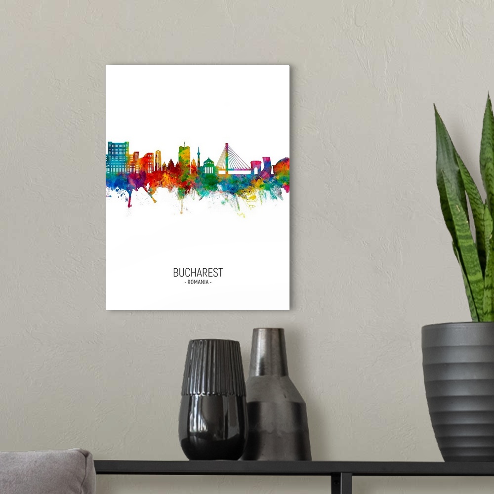 A modern room featuring Watercolor art print of the skyline of Bucharest, Romania