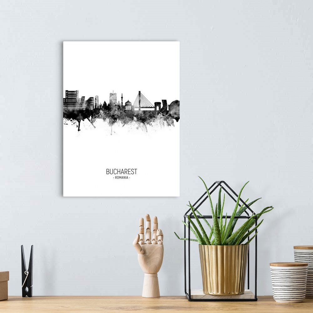 A bohemian room featuring Watercolor art print of the skyline of Bucharest, Romania