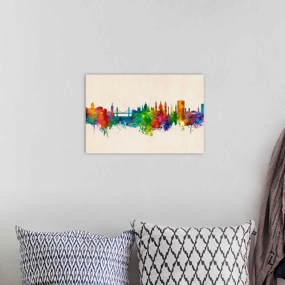 A bohemian room featuring Watercolor art print of the skyline of Budapest, Hungary