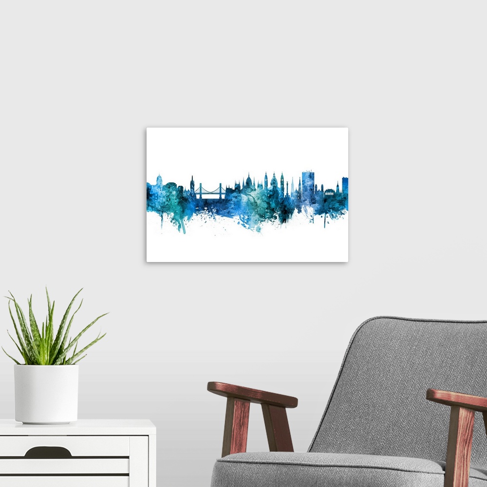 A modern room featuring Watercolor art print of the skyline of Budapest, Hungary