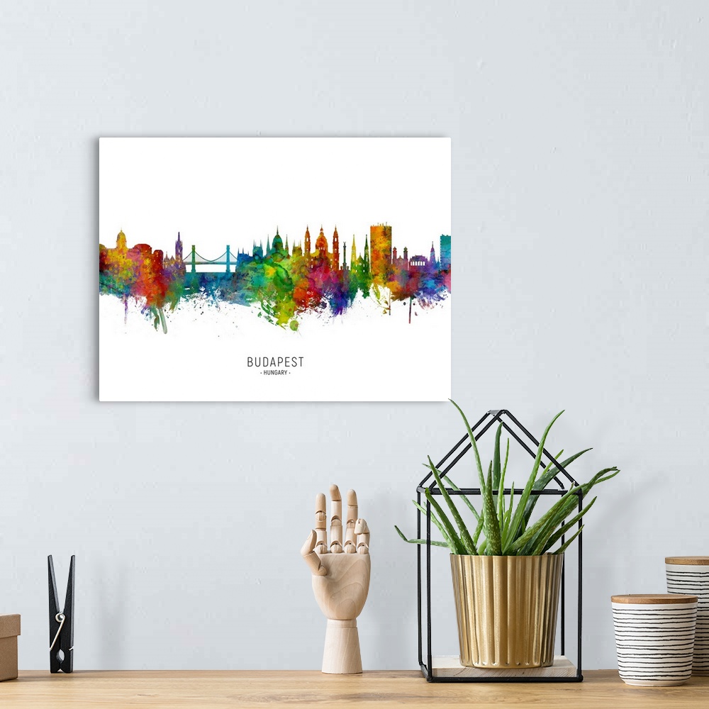 A bohemian room featuring Watercolor art print of the skyline of Budapest, Hungary .