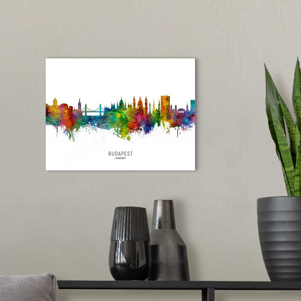 A modern room featuring Watercolor art print of the skyline of Budapest, Hungary .
