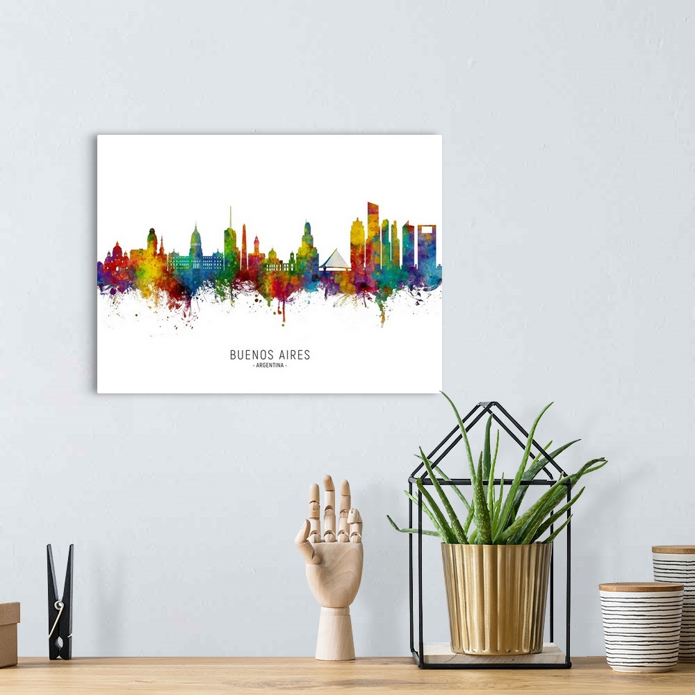 A bohemian room featuring Watercolor art print of the skyline of Buenos Aires, Argentina.