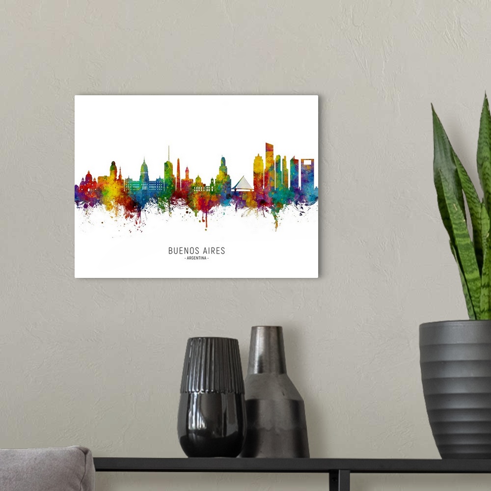 A modern room featuring Watercolor art print of the skyline of Buenos Aires, Argentina.
