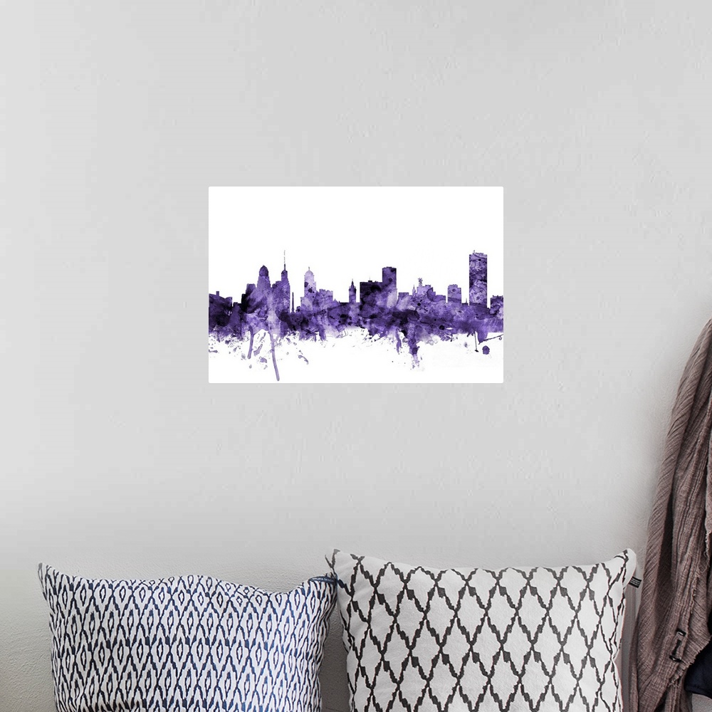 A bohemian room featuring Watercolor art print of the skyline of Buffalo, New York, United States