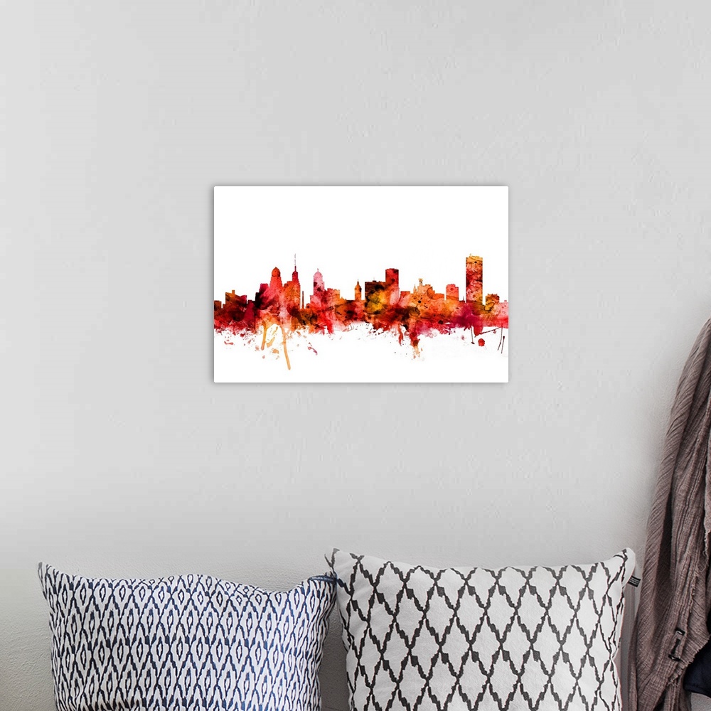 A bohemian room featuring Watercolor art print of the skyline of Buffalo, New York, United States.