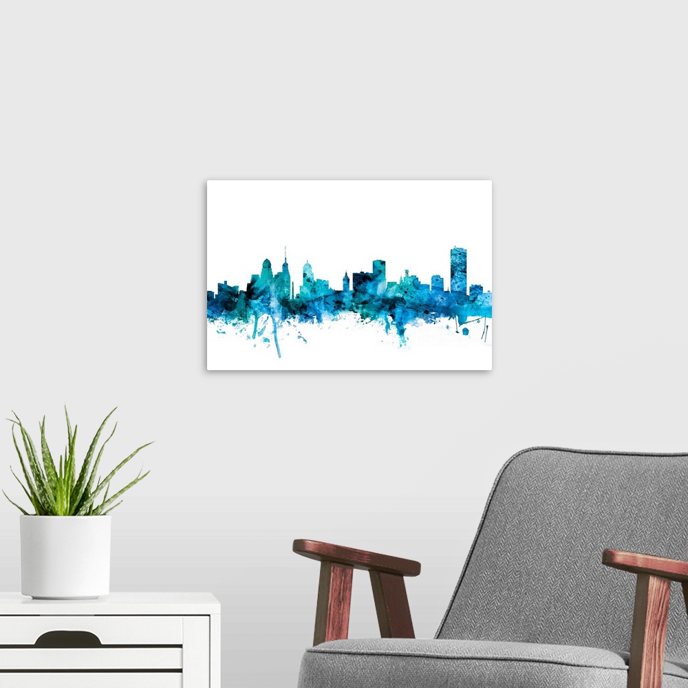 A modern room featuring Watercolor art print of the skyline of Buffalo, New York, United States.