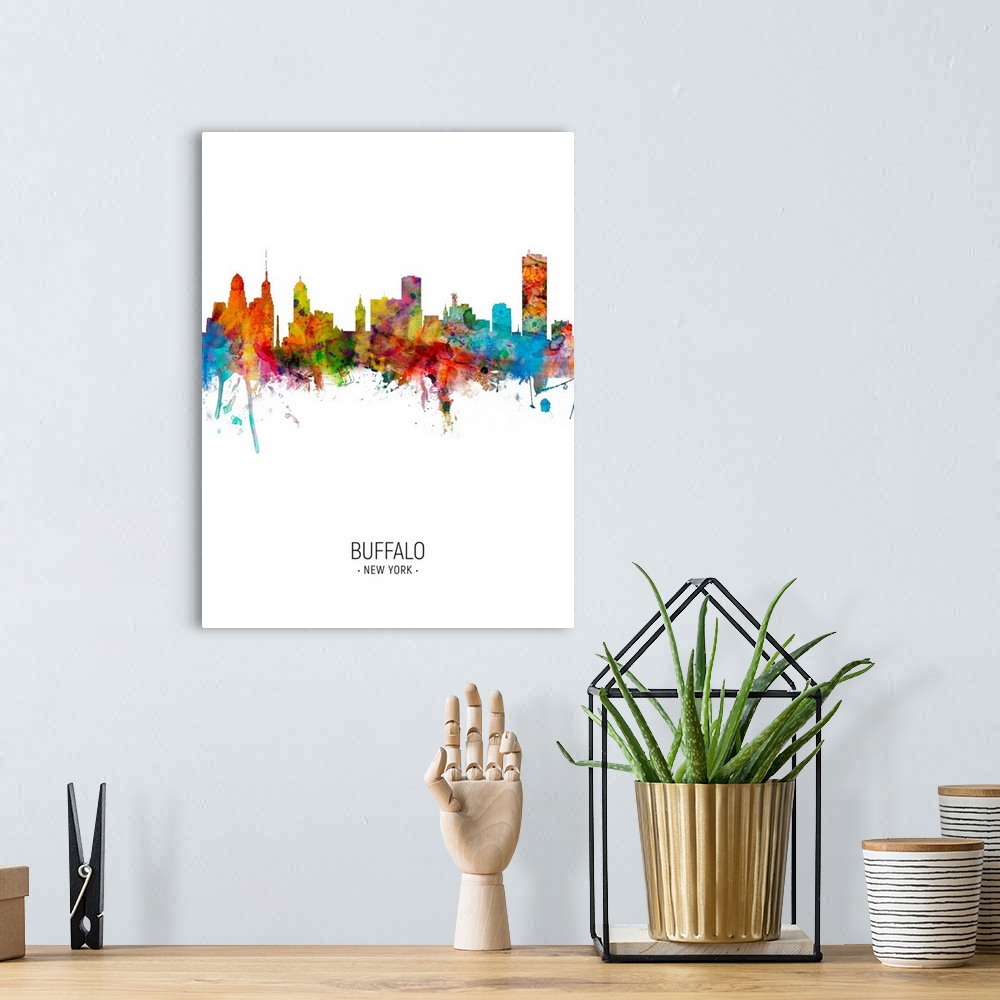 A bohemian room featuring Watercolor art print of the skyline of Buffalo, New York, United States