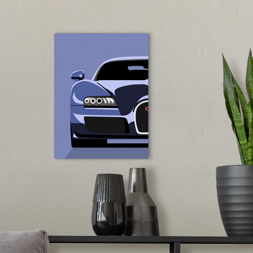 A modern room featuring Oversized, vertical pop art on a wall hanging of half of the front end of a Bugatti Veyron, on a ...