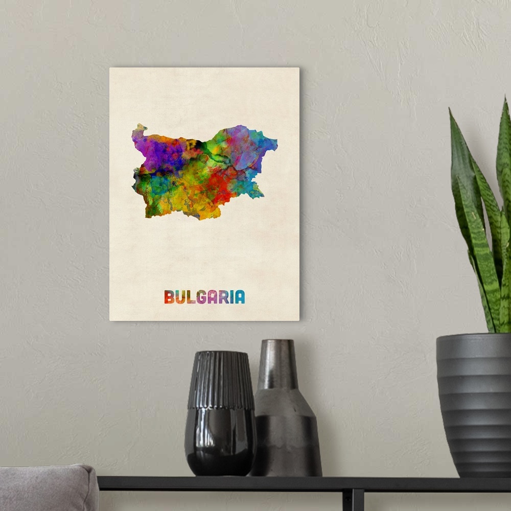 A modern room featuring A watercolor map of Bulgaria.