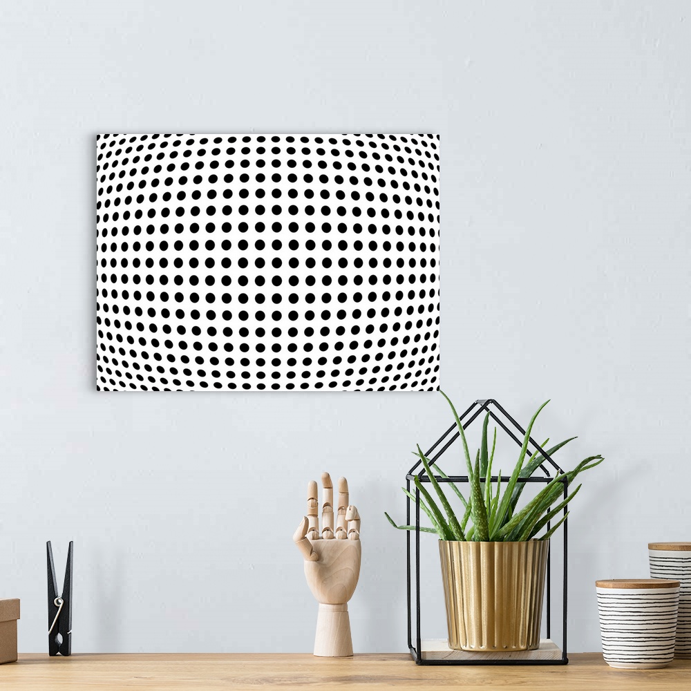 A bohemian room featuring Black dots on a white background, Op Art Print. The change in size and shape of the circles gives...