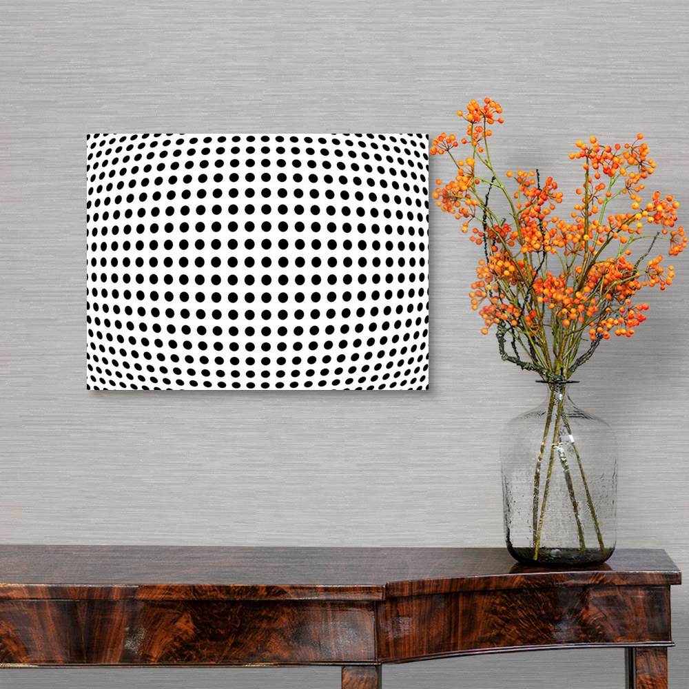 A traditional room featuring Black dots on a white background, Op Art Print. The change in size and shape of the circles gives...