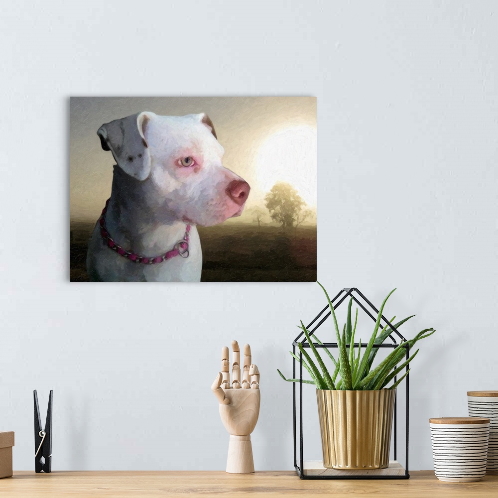 A bohemian room featuring Bull Terrier against dawn landscape oil painting
