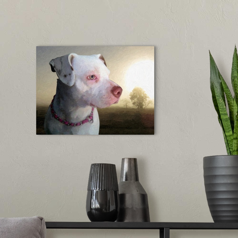 A modern room featuring Bull Terrier against dawn landscape oil painting
