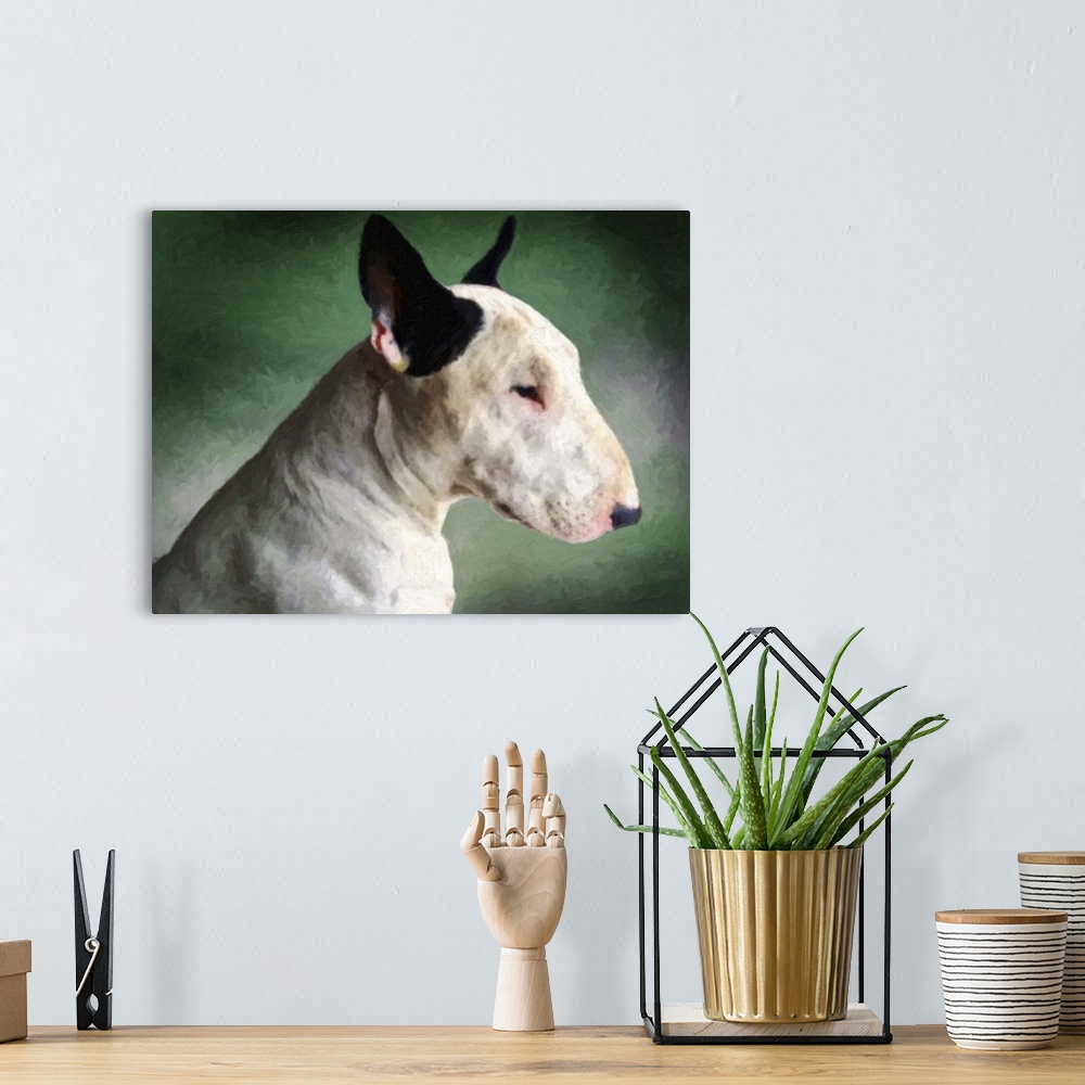 A bohemian room featuring English Bull Terrier against green background, oil painting