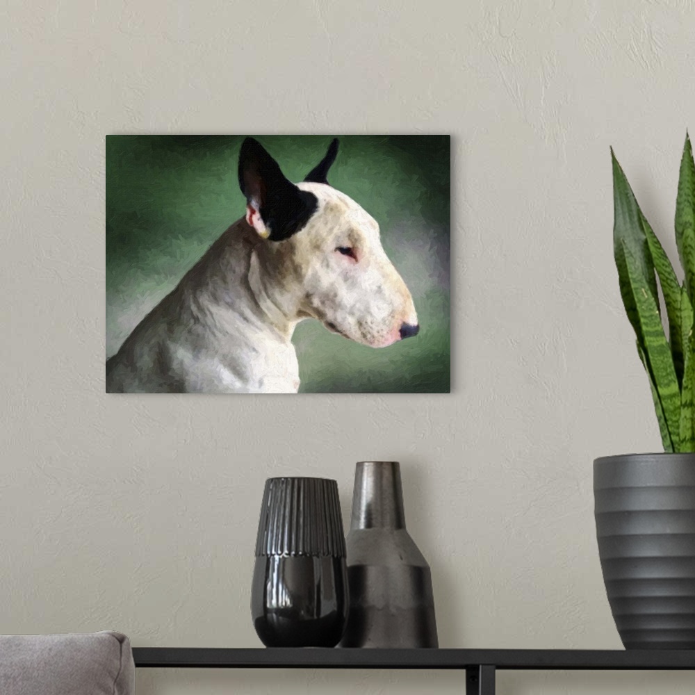 A modern room featuring English Bull Terrier against green background, oil painting