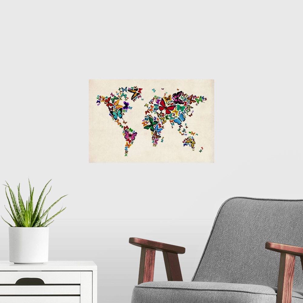 A modern room featuring Butterflies Map of the World