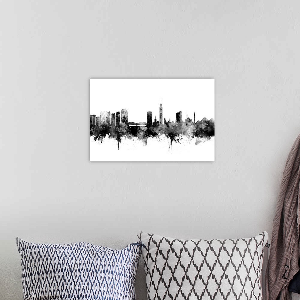 A bohemian room featuring Watercolor art print of the skyline of Cairo, Egypt.