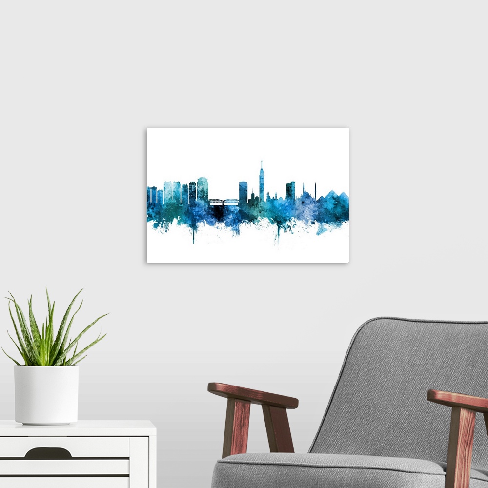 A modern room featuring Watercolor art print of the skyline of Cairo, Egypt.