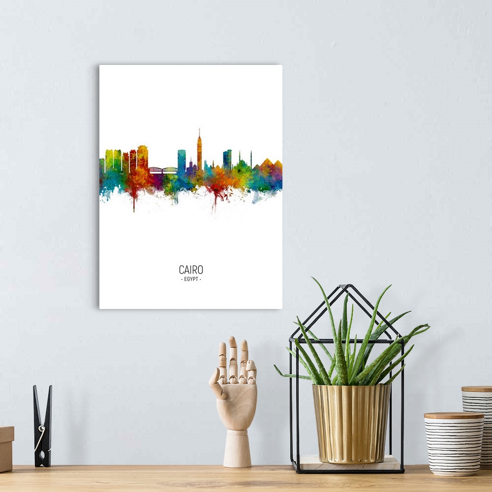 A bohemian room featuring Watercolor art print of the skyline of Cairo, Egypt